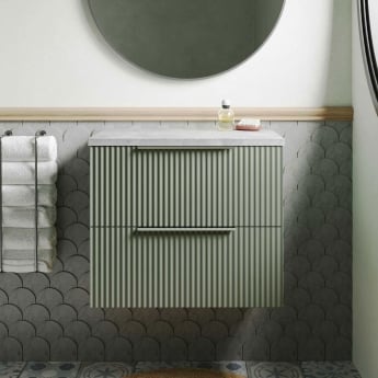 Hudson Reed Fluted Wall Hung 2-Drawer Vanity Unit with Bellato Grey Worktop 600mm Wide - Satin Green