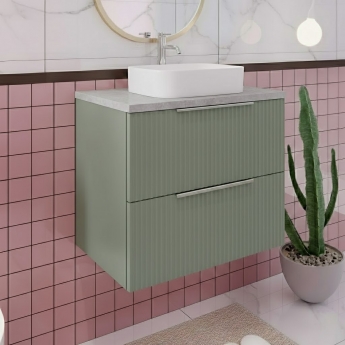 Hudson Reed Fluted Wall Hung 2-Drawer Vanity Unit with Bellato Grey Worktop 600mm Wide - Satin Green