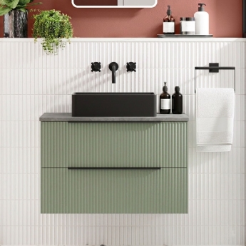 Hudson Reed Fluted Wall Hung 2-Drawer Vanity Unit with Bellato Grey Worktop 800mm Wide - Satin Green | Product Image