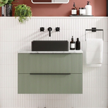 Hudson Reed Fluted Wall Hung 2-Drawer Vanity Unit with Carrera Marble Worktop 600mm Wide - Satin Green | Product Image