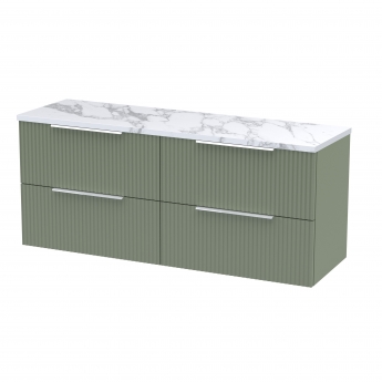 Hudson Reed Fluted Wall Hung 4-Drawer Vanity Unit with Carrera Marble Worktop 1200mm Wide - Satin Green | Product Image