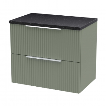Hudson Reed Fluted Wall Hung 2-Drawer Vanity Unit with Sparkling Black Worktop 600mm Wide - Satin Green