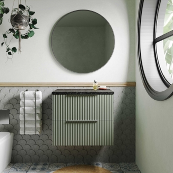 Hudson Reed Fluted Wall Hung 2-Drawer Vanity Unit with Sparkling Black Worktop 600mm Wide - Satin Green