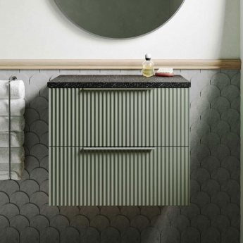 Hudson Reed Fluted Wall Hung 2-Drawer Vanity Unit with Sparkling Black Worktop 600mm Wide - Satin Green