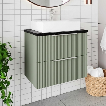 Hudson Reed Fluted Wall Hung 2-Drawer Vanity Unit with Sparkling Black Worktop 600mm Wide - Satin Green
