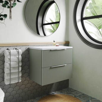Hudson Reed Fluted Wall Hung 2-Drawer Vanity Unit with Sparkling White Worktop 600mm Wide - Satin Green