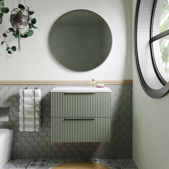 Hudson Reed Fluted Wall Hung 2-Drawer Vanity Unit with Sparkling White Worktop 600mm Wide - Satin Green