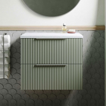 Hudson Reed Fluted Wall Hung 2-Drawer Vanity Unit with Sparkling White Worktop 600mm Wide - Satin Green