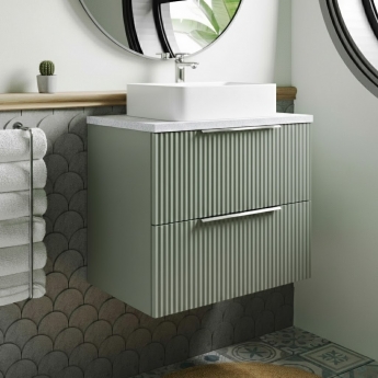 Hudson Reed Fluted Wall Hung 2-Drawer Vanity Unit with Sparkling White Worktop 600mm Wide - Satin Green