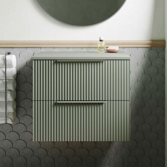 Hudson Reed Fluted Wall Hung 2-Drawer Vanity Unit with Worktop 600mm Wide - Satin Green
