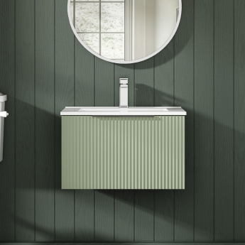 Hudson Reed Fluted Wall Hung 1-Drawer Vanity Unit with Basin 2 600mm Wide - Satin Green | Product Image