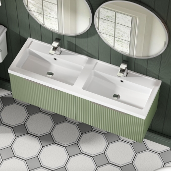 Hudson Reed Fluted Wall Hung 2-Drawer Vanity Unit with Double Polymarble Basin 1200mm Wide - Satin Green | Product Image