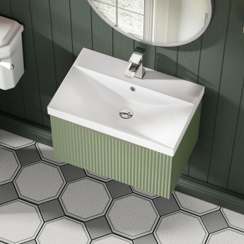 Hudson Reed Fluted Wall Hung 1-Drawer Vanity Unit with Basin 3 600mm Wide - Satin Green | Product Image