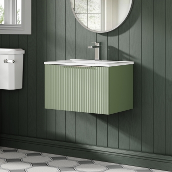 Hudson Reed Fluted Wall Hung 1-Drawer Vanity Unit with Basin 3 600mm Wide - Satin Green | Product Image