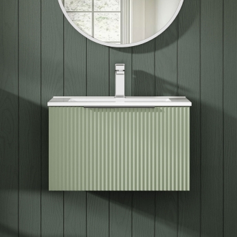 Hudson Reed Fluted Wall Hung 1-Drawer Vanity Unit with Basin 3 600mm Wide - Satin Green | Product Image