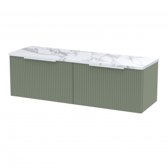 Hudson Reed Fluted Wall Hung 2-Drawer Vanity Unit with Carrera Marble Worktop 1200mm Wide - Satin Green | Product Image