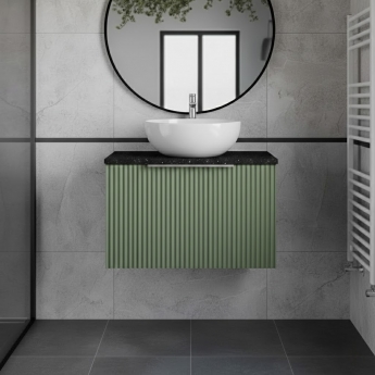 Hudson Reed Fluted Wall Hung 1-Drawer Vanity Unit with Sparkling Black Worktop 600mm Wide - Satin Green
