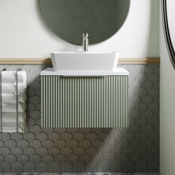 Hudson Reed Fluted Wall Hung 1-Drawer Vanity Unit with Sparkling White Worktop 600mm Wide - Satin Green