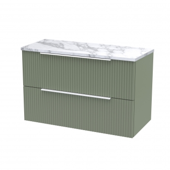 Hudson Reed Fluted Wall Hung 2-Drawer Vanity Unit with Carrera Marble Worktop 800mm Wide - Satin Green | Product Image