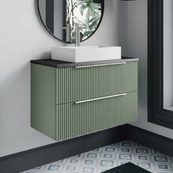 Hudson Reed Fluted Wall Hung 2-Drawer Vanity Unit with Sparkling Black Worktop 800mm Wide - Satin Green