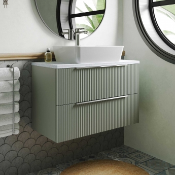 Hudson Reed Fluted Wall Hung 2-Drawer Vanity Unit with Sparkling White Worktop 800mm Wide - Satin Green