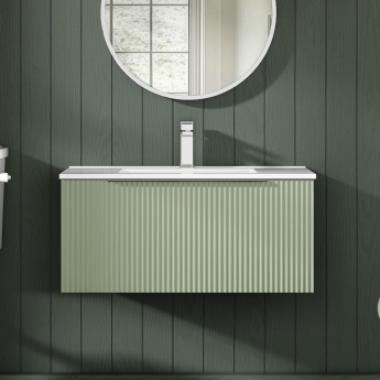 Hudson Reed Fluted Wall Hung 1-Drawer Vanity Unit with Basin 2 800mm Wide - Satin Green | Product Image
