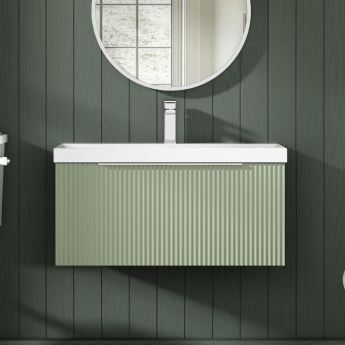 Hudson Reed Fluted Wall Hung 1-Drawer Vanity Unit with Basin 3 800mm Wide - Satin Green | Product Image