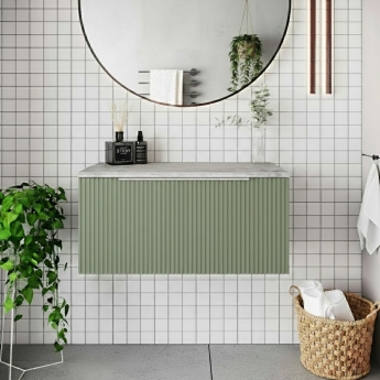 Hudson Reed Fluted Wall Hung 1-Drawer Vanity Unit with Bellato Grey Worktop 800mm Wide - Satin Green