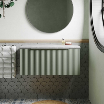 Hudson Reed Fluted Wall Hung 1-Drawer Vanity Unit with Bellato Grey Worktop 800mm Wide - Satin Green | Product Image