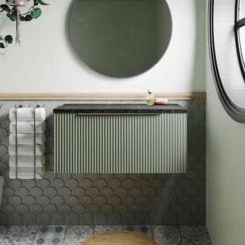 Hudson Reed Fluted Wall Hung 1-Drawer Vanity Unit with Sparkling Black Worktop 800mm Wide - Satin Green