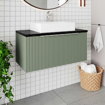 Hudson Reed Fluted Wall Hung 1-Drawer Vanity Unit with Sparkling Black Worktop 800mm Wide - Satin Green