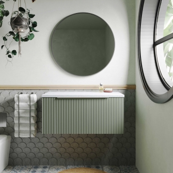 Hudson Reed Fluted Wall Hung 1-Drawer Vanity Unit with Sparkling White Worktop 800mm Wide - Satin Green