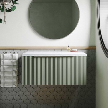 Hudson Reed Fluted Wall Hung 1-Drawer Vanity Unit with Sparkling White Worktop 800mm Wide - Satin Green