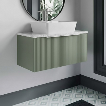 Hudson Reed Fluted Wall Hung 1-Drawer Vanity Unit with Sparkling White Worktop 800mm Wide - Satin Green