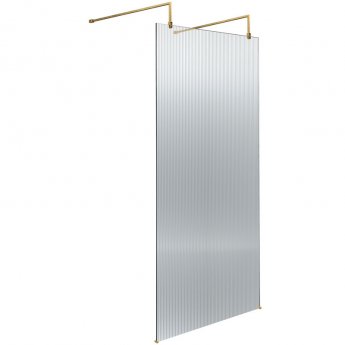 Hudson Reed Fluted Wet Room Screen with Brushed Brass Support Arm and Feet 900mm Wide - 8mm Glass