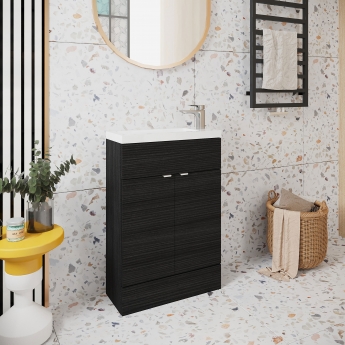 Hudson Reed Fusion Compact Vanity Unit with Basin 600mm Wide - Charcoal Black Woodgrain