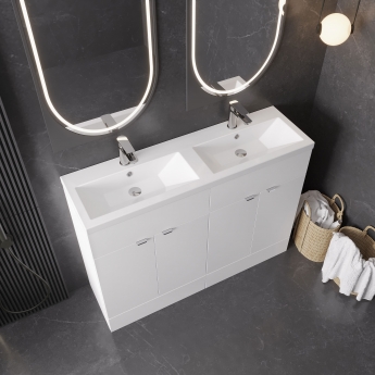 Hudson Reed Fusion Floor Standing 4-Door Vanity Unit with Double Ceramic Basin 1200mm Wide - Anthracite Woodgrain