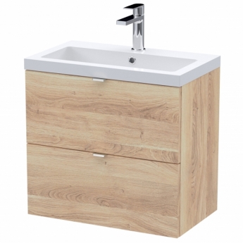Hudson Reed Fusion Wall Hung 2-Drawer Vanity Unit with Ceramic Basin 600mm Wide - Bleached Oak | Product Image