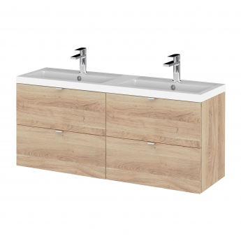 Hudson Reed Fusion Wall Hung 4-Drawer Vanity Unit with Double Ceramic Basin 1200mm Wide - Bleached Oak | Product Image