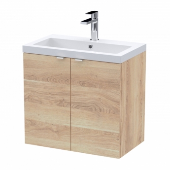 Hudson Reed Fusion Wall Hung 2-Door Vanity Unit with Ceramic Basin 600mm Wide - Bleached Oak | Product Image