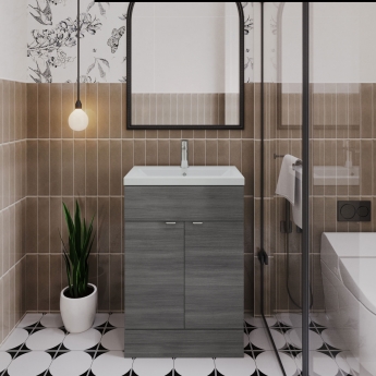 Hudson Reed Fusion Floor Standing Vanity Unit with Ceramic Basin 600mm Wide - Anthracite Woodgrain