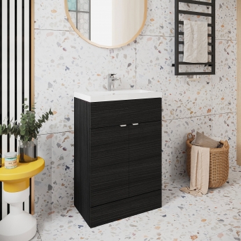 Hudson Reed Fusion Floor Standing Vanity Unit with Basin 600mm Wide - Charcoal Black Woodgrain