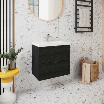 Hudson Reed Fusion Wall Hung 2-Drawer Vanity Unit with Basin 600mm Wide - Charcoal Black Woodgrain