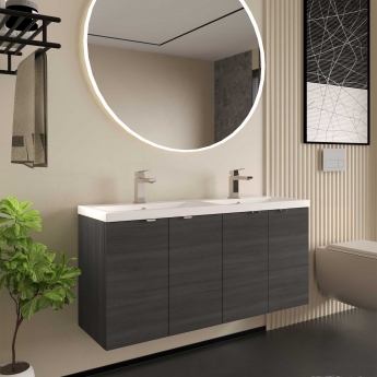 Hudson Reed Fusion Wall Hung 4-Door Vanity Unit with Double Basin 1200mm Wide - Charcoal Black Woodgrain