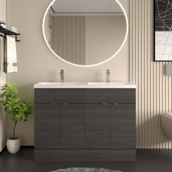 Hudson Reed Fusion Floor Standing 4-Door Vanity Unit with Double Basin 1200mm Wide - Charcoal Black Woodgrain