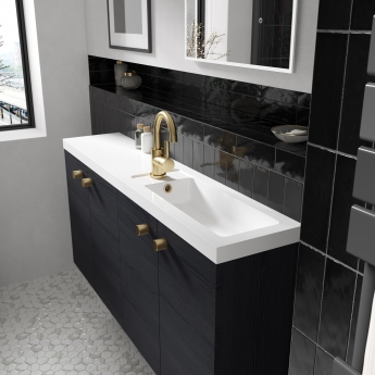 Hudson Reed Fusion Compact Wall Hung 4-Door Vanity Unit with Polymarble Basin 1000mm Wide - Charcoal Black Woodgrain