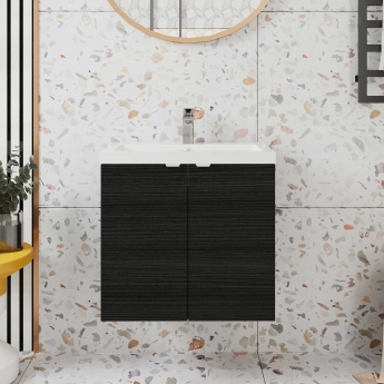 Hudson Reed Fusion Wall Hung 2-Door Vanity Unit with Ceramic Basin 600mm Wide - Charcoal Black Woodgrain