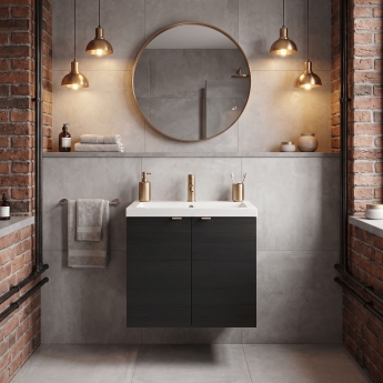 Hudson Reed Fusion Wall Hung 2-Door Vanity Unit with Basin 600mm Wide - Charcoal Black Woodgrain | Product Image