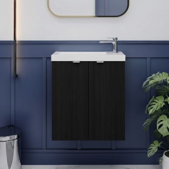 Hudson Reed Fusion Wall Hung 2-Door Vanity Unit with Compact Basin 500mm Wide - Charcoal Black Woodgrain
