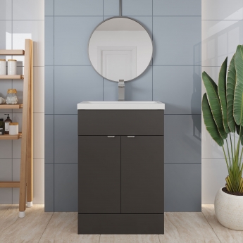 Hudson Reed Fusion Floor Standing Vanity Unit with Ceramic Basin 600mm Wide - Gloss Grey